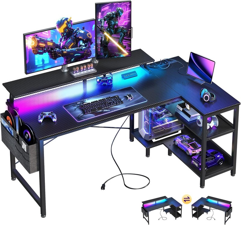 ODK 48 Inch Gaming Desk L Shaped USB Charging LED Lights