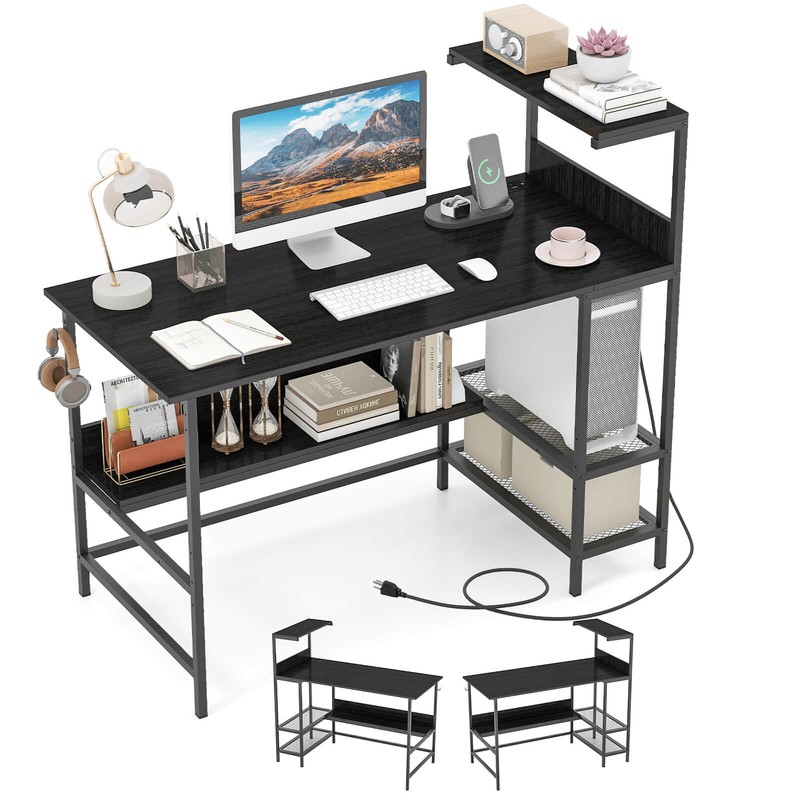 48” Computer Desk w/Power Outlets, Storage Shelves, Headphone Hook for Gaming
