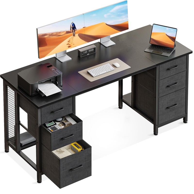 Desk with 6 Drawers, 160x52 cm Computer Table, PC Table with Storage Fl...