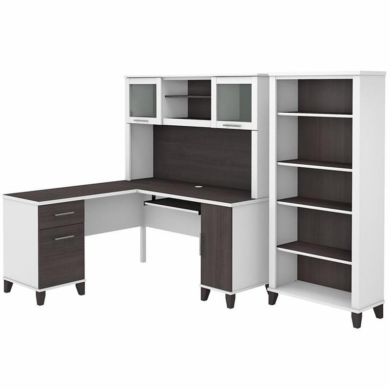 Pemberly Row 60W L Desk with Hutch and Bookcase in White/Gray – Engineered Wood