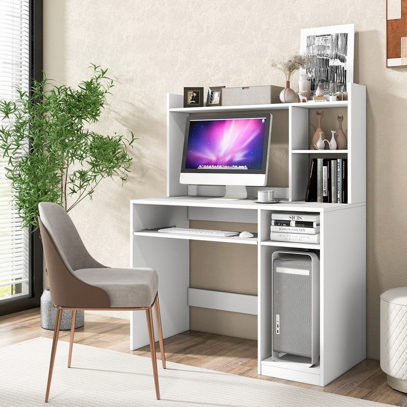 Computer Desk Writing Desk Office Desk w/ Charging Station & CPU Stand White