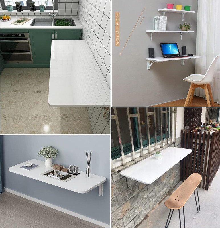 Wall Mounted Folding Table,White Floating Desk for Small Spaces,Stainless Steel gallery