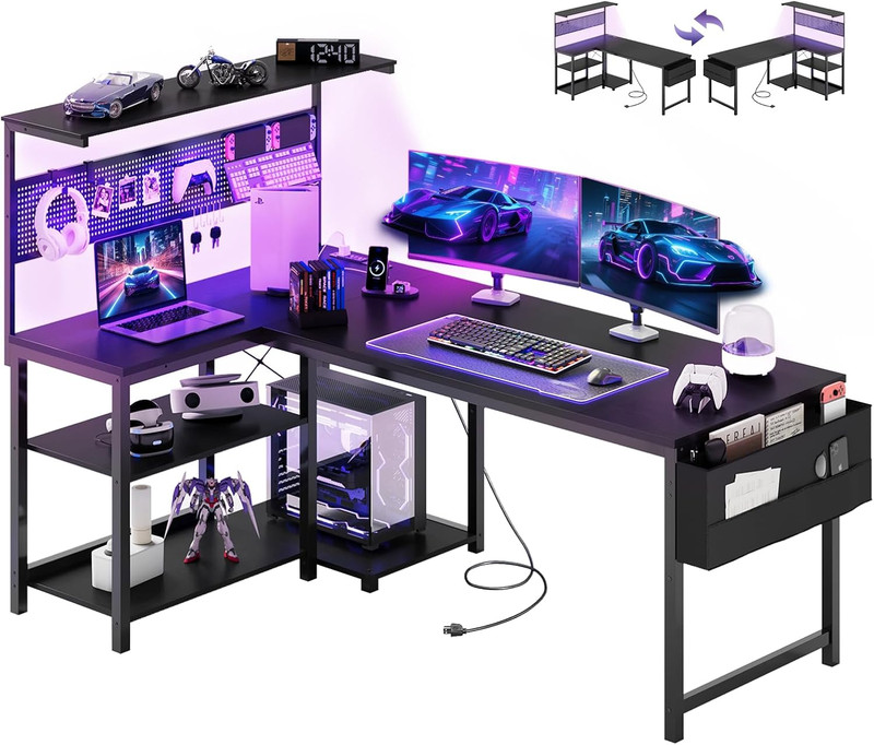 L Shaped Gaming Desk with LED, Power Outlet & Storage – 55 Inch Black
