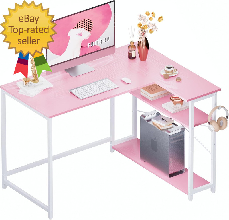 43 Inch L Shaped Computer Desk with Reversible Side Storage Shelves Small Corner