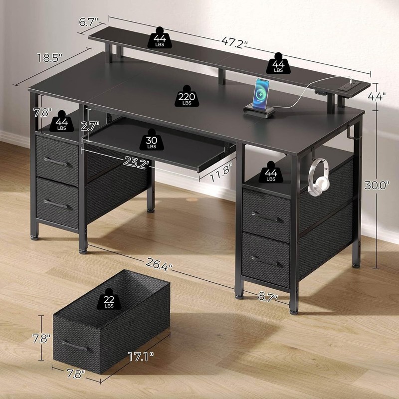 Computer Desk w/ LED Lights & Power Outlets Monitor Stand Writing Table 4 Drawer gallery