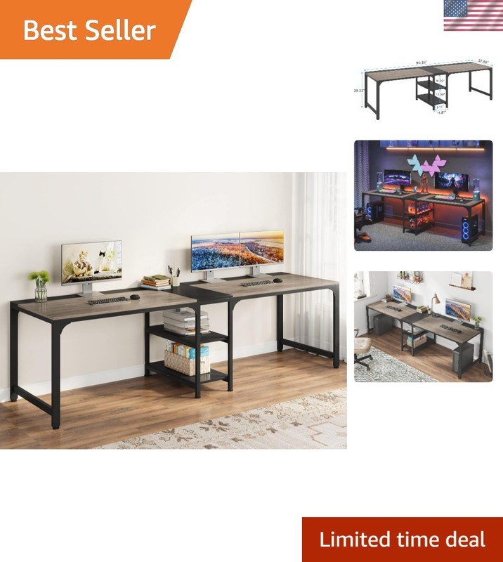 Extra Long 90.55» Desk for Two with Stylish Black & Gray Storage Solutions