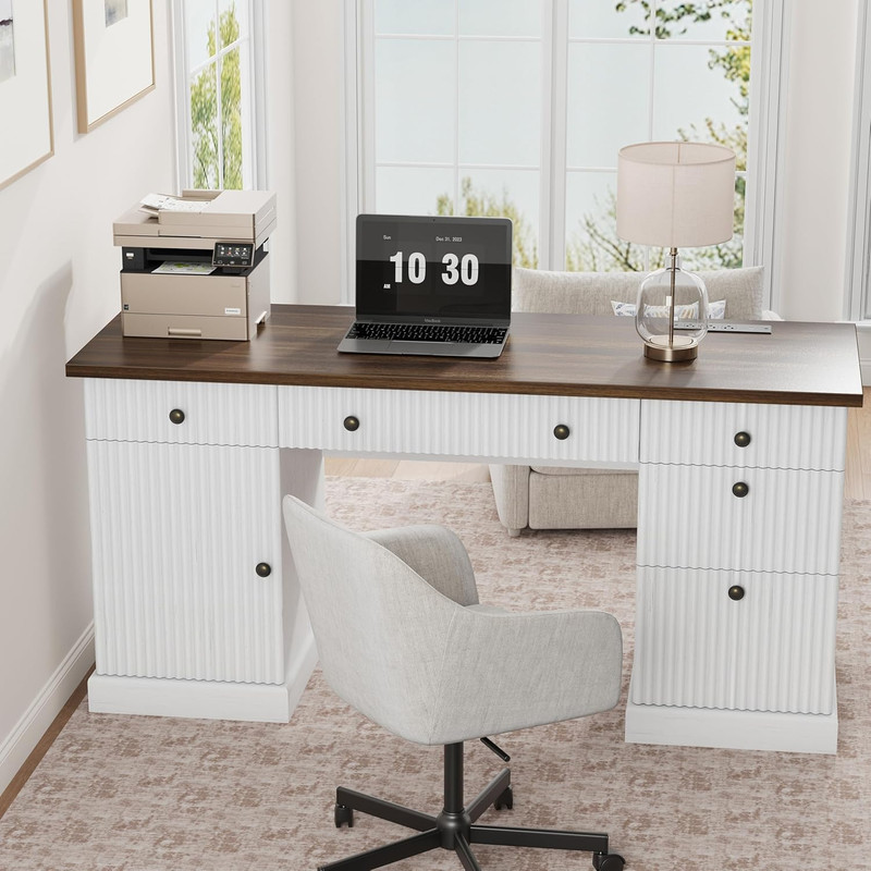 60" Fluted Executive Desk with File Drawers & Charging Station for Home Office