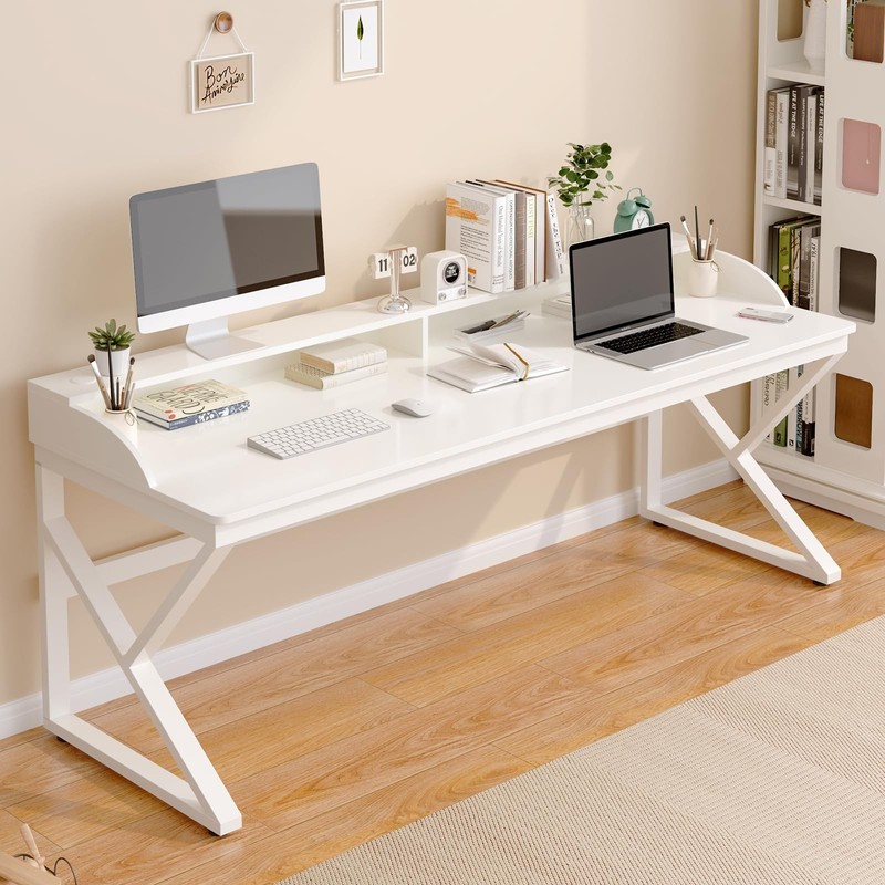 Long Desk with Monitor Stand – 71″ Double Long Computer Table for 2-Person Wo…