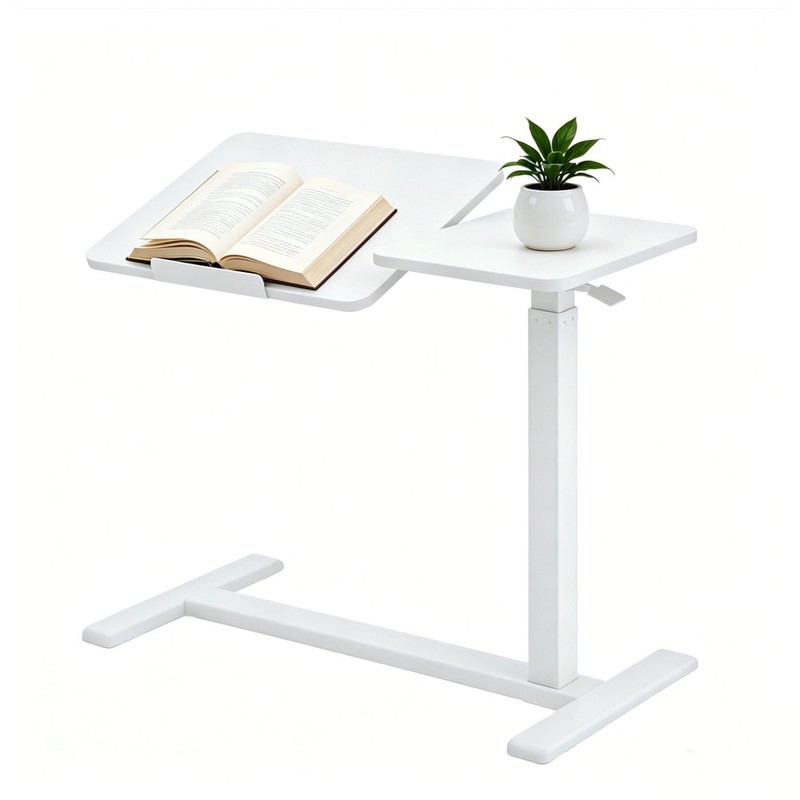 Mobile Adjustable Standing Desk White Wood Metal Frame Manual Height Adjust