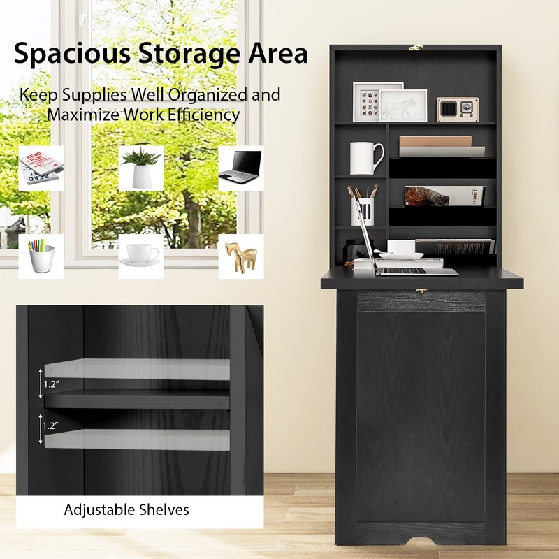 Wall Mounted Space-Saving Desk w/ Spacious Tabletop & Upper Compartments Black gallery