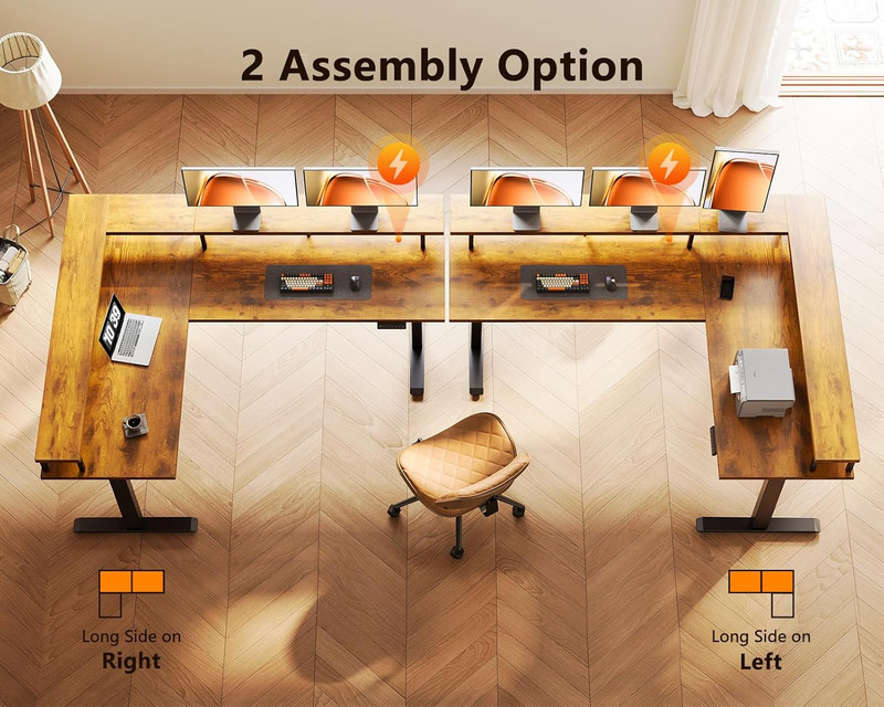 Electric L Shaped Standing Desk,59", w/ Power Outlets,Monitor Stand,Rustic Brown gallery
