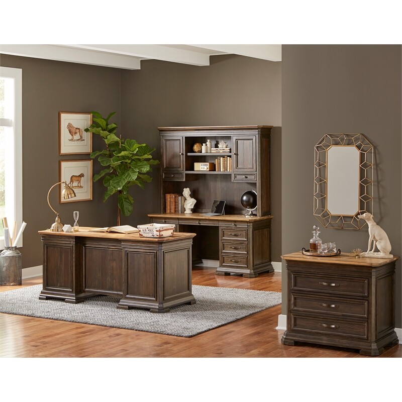 Double Pedestal Executive Desk Solid Wood Plank Top Fully Assembled Brown