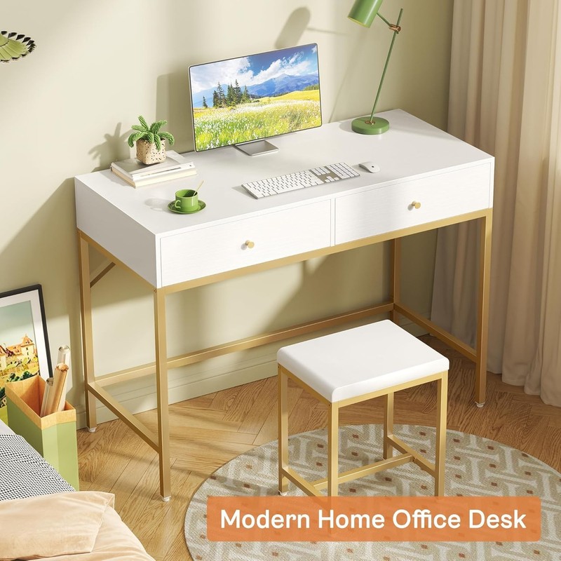 Elegant 35.4" White Gold Desk with 2 Drawers & Padded Stool for Small Spaces gallery