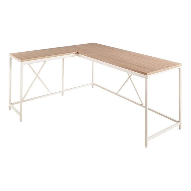 Benjara Posy Corner Desk- L Shaped White Metal Frame/Oak Brown Wood Top
