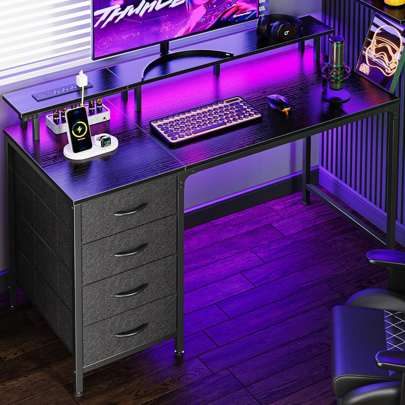 47 Inch Computer Desk with Power Outlets and LED Lights, Gaming Desk with 4 Draw