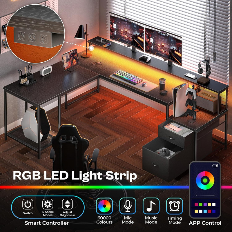 PRAISUN 66" L Shaped Gaming Desk with LED Lights & Power Outlets, Computer Desk gallery