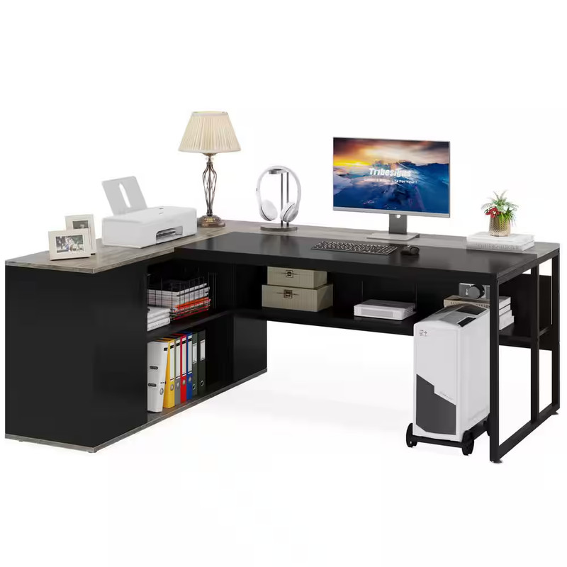 Lanit 71 In. L-Shaped Gray Black Engineered Wood Office Computer Executive Desk gallery