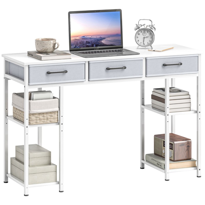 HOMCOM Small Writing Desk, Computer Desk with Fabric Drawers, White
