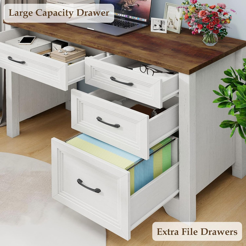 Farmhouse Home Office Desk with Drawers, Wood Computer Desk with Ample File Draw gallery