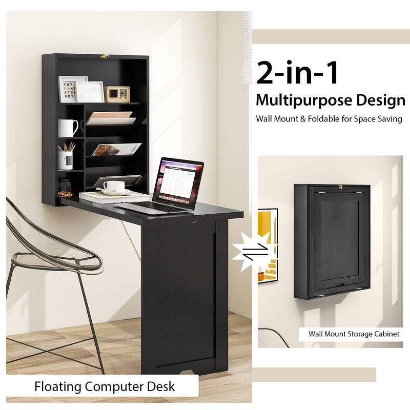 Wall Mounted Space-Saving Desk w/ Spacious Tabletop & Upper Compartments Black gallery