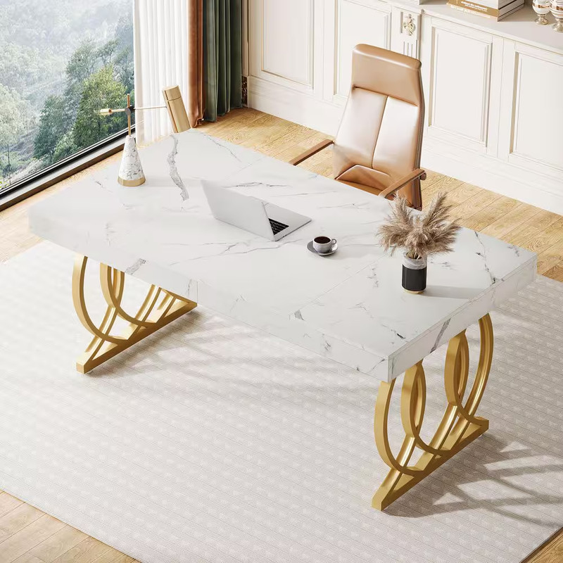 63 In. Rectangular White and Gold Wood Computer Desk with Metal Base, Modern Exe gallery