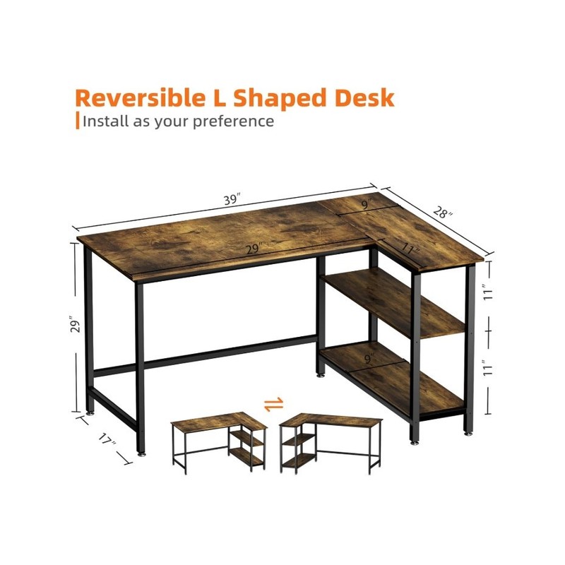 39″ L-Shaped Home Office Computer Desk w Shelves, Rustic Brown w Black Frame