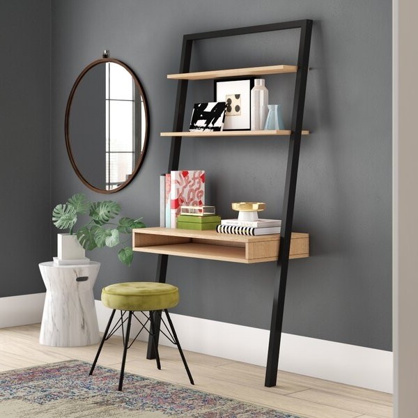 Rustic Oak Black Leaning Ladder Writing Desk with 2 Shelves Farmhouse