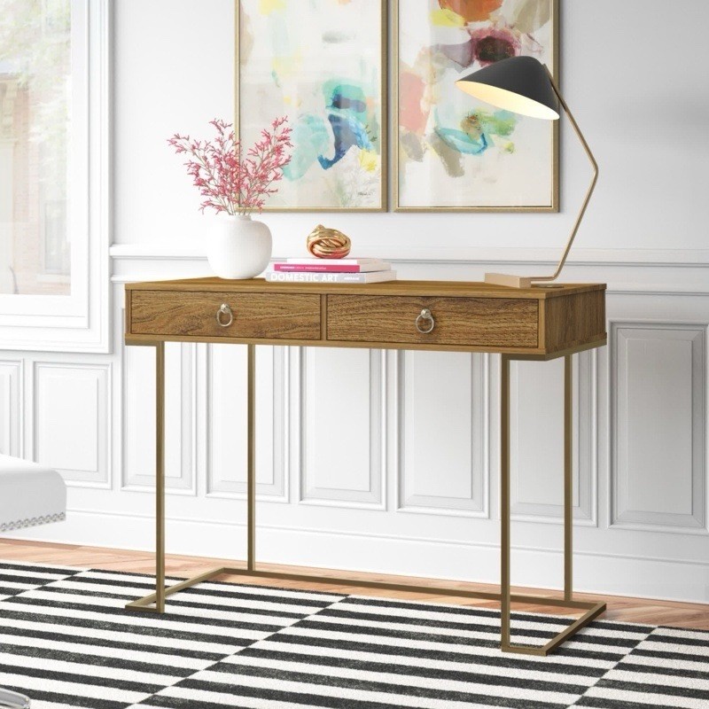 Wooden Desk With Gold Accents - Color Chesnut