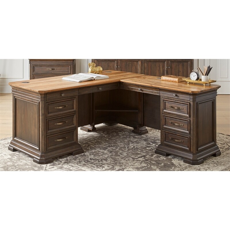 Executive L-Desk & Return With Solid Wood Plank Top Fully Assembled Brown