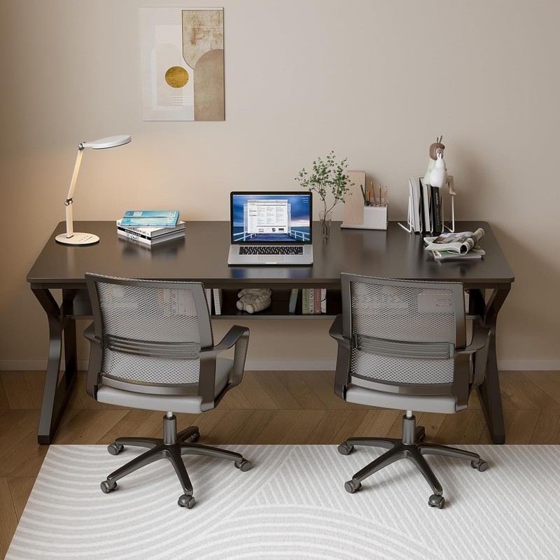 Double Long Desk with Shelf 160cm PC Table for 2 People Modern gallery