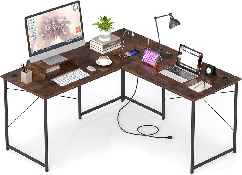 L Shaped 59″ Corner Desk with USB Ports & Monitor Stand – Rustic Brown