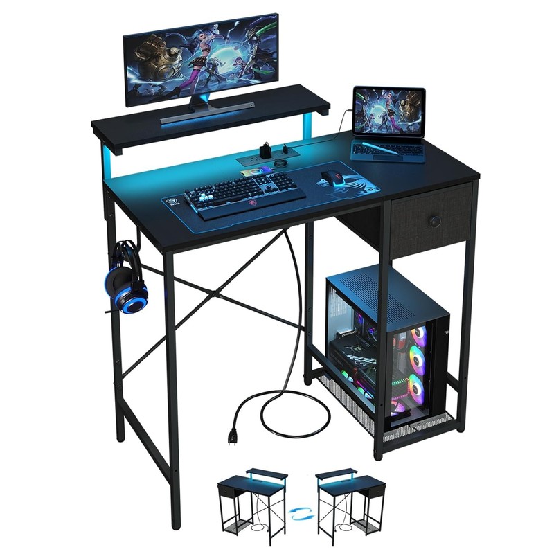 33.5″ LED Gaming Desk Computer Table White Power Outlet Cable Mgmt 5 Inch Small