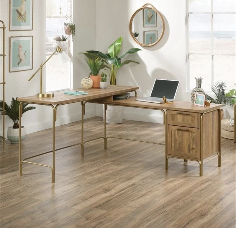 Light Brown Gold Finish L-Shaped Corner Desk Wood Drawers Shelves 60.5″ x 59″