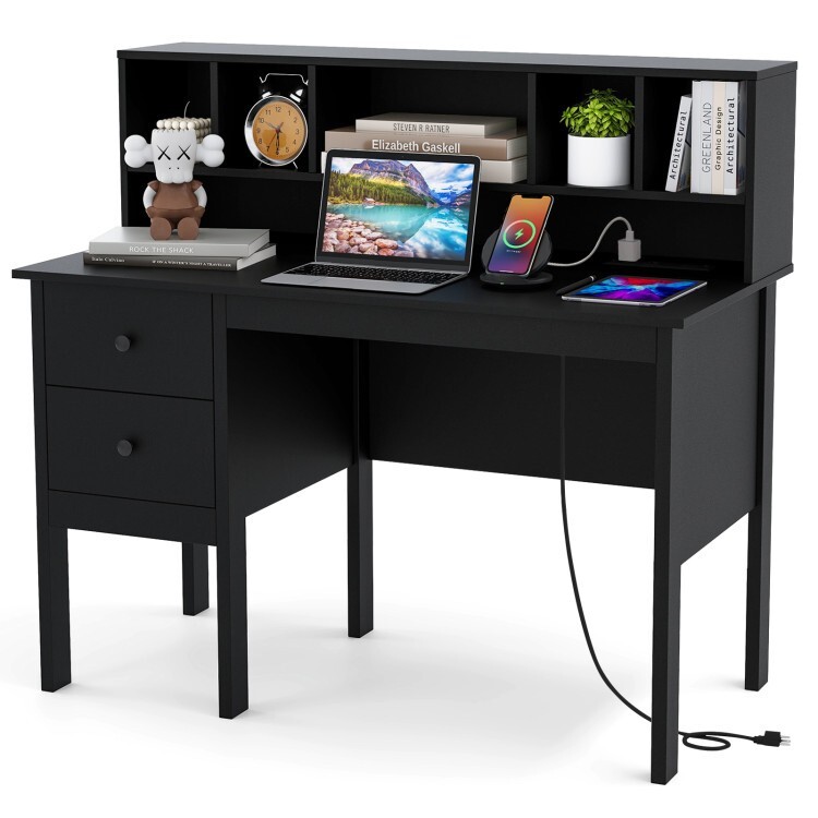 48″ Computer Desk Built-in Charging Station 2 Large Drawer 5 Cubby Storage Hutch