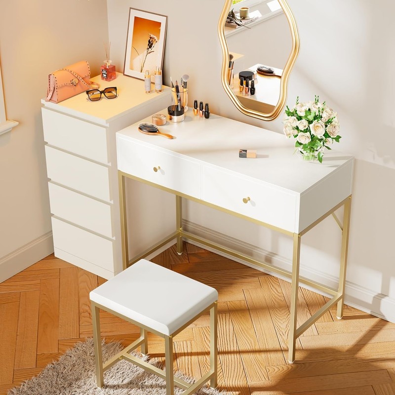 Elegant 35.4" White Gold Desk with 2 Drawers & Padded Stool for Small Spaces gallery