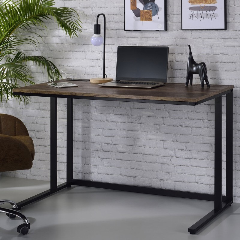 Rectangular Computer Desk w/ Chargre Port and Plug Walnut Desktop Black Frame gallery