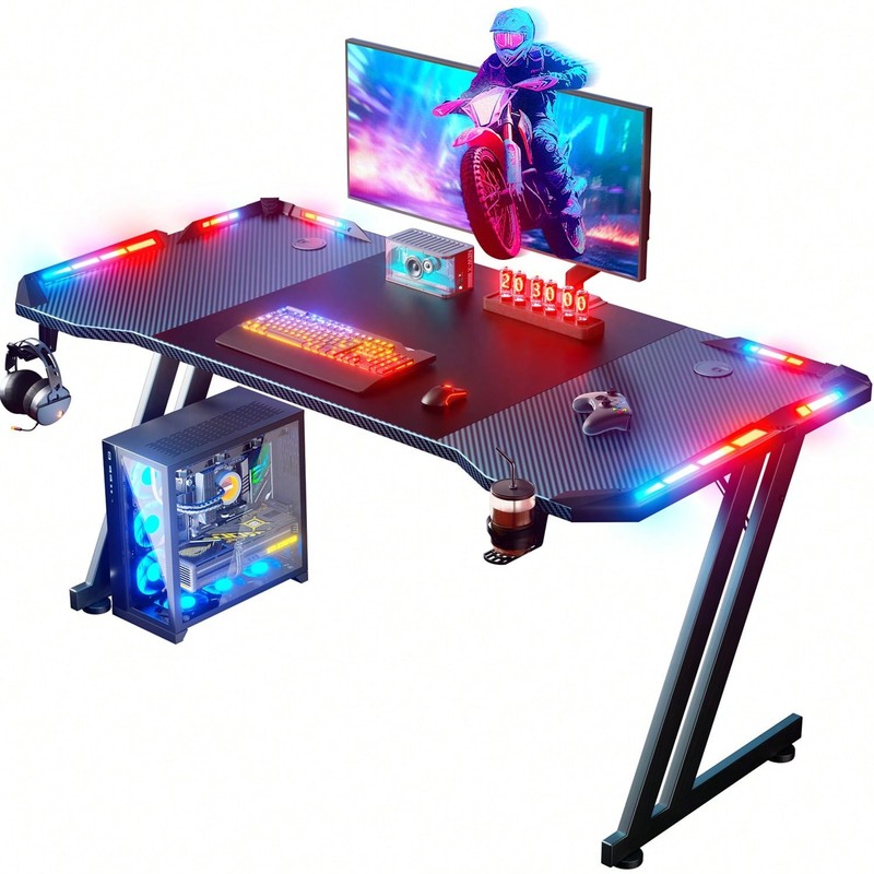 HLDIRECT Gaming Desk With LED Lights Carbon Fibre Surface Gaming Table Large-FGQ