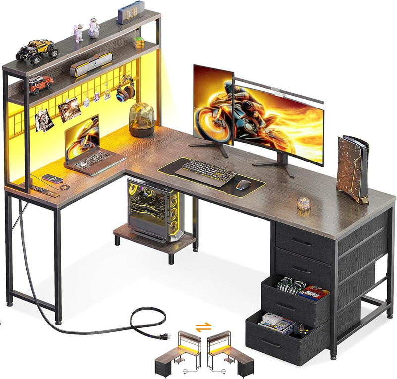 L Shaped Gaming Desk 59in Reversible Desk with 4 Drawers Grey LED Desk