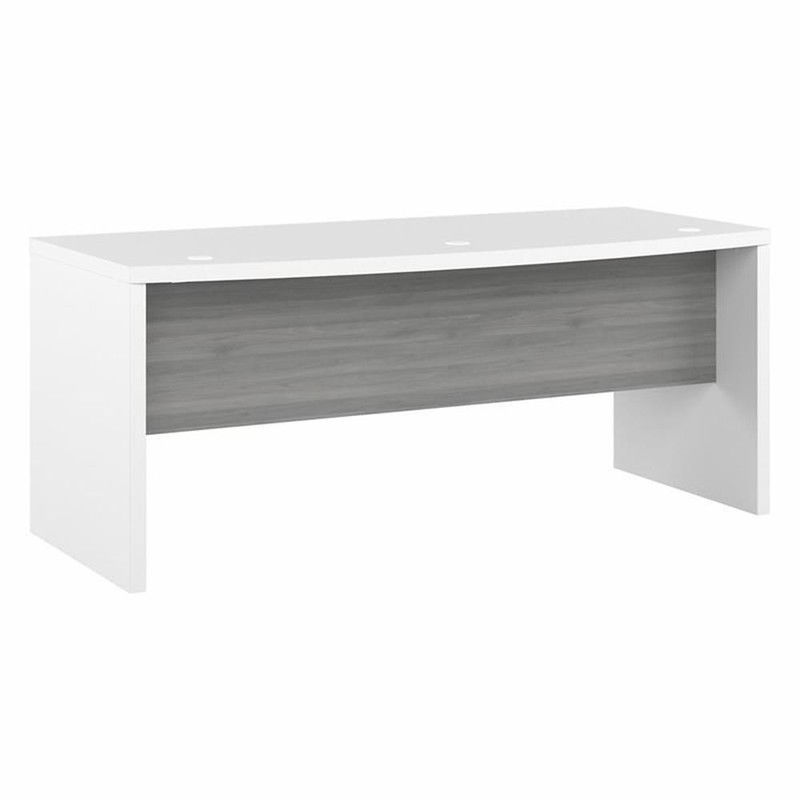 Pemberly Row 72W Bow Front Desk in Pure White and Modern Gray – Engineered Wood