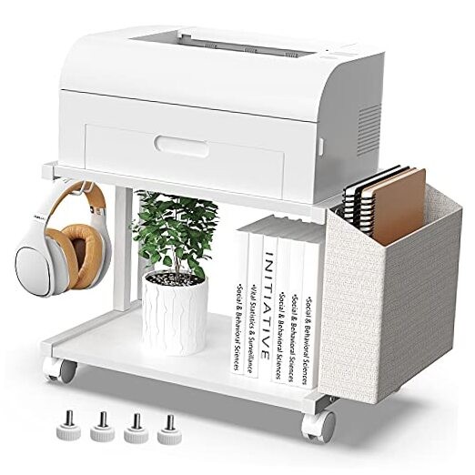 2 Tier Modern Wooden Under Desk Printer Stand with Storage Bag for Home White