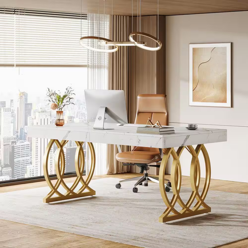63 In. Rectangular White and Gold Wood Computer Desk with Metal Base, Modern Exe gallery