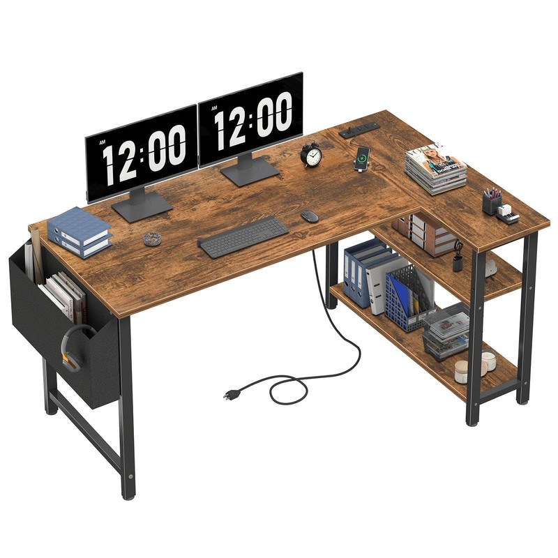 L Shaped Computer Desk with Power Outlet Shelves, 47 Inch Corner Desk for Hom…