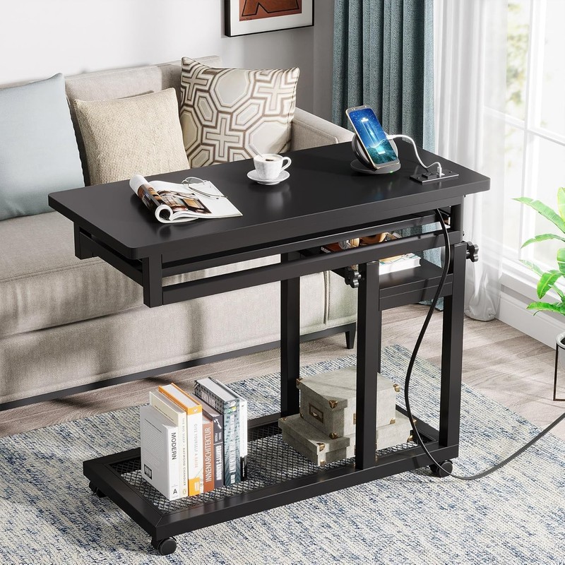 Small Portable Desk with Power Outlet, Height Adjustable Sofa Couch Laptop Table