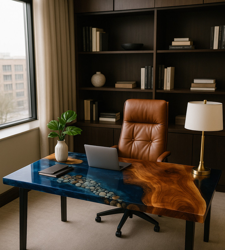 «Ocean Wave Epoxy Resin Top Table – Handmade Live Edge Wooden Office Desk Top»