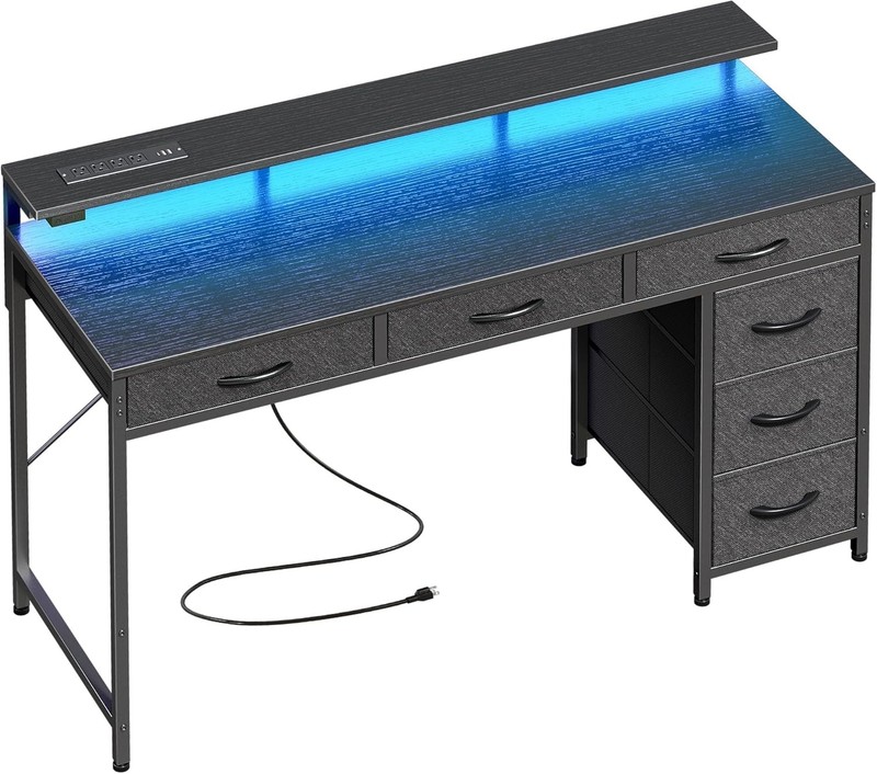 Huuger Gaming Desk 6 Drawers with LED Lights Power Outlet