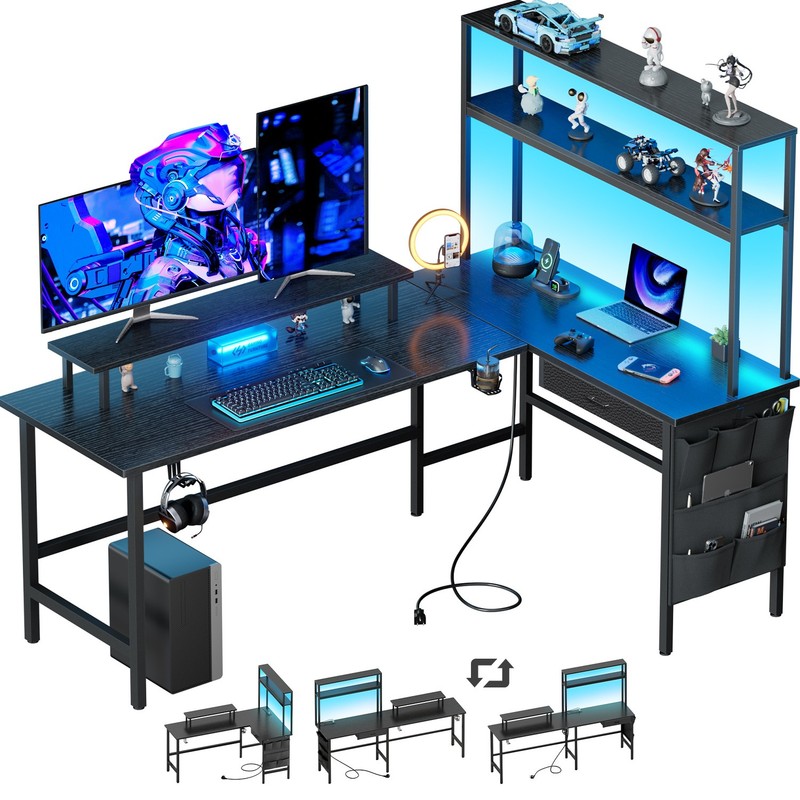 L Shaped Gaming Desk with LED & Monitor Stand, Corner Desk with Power Outlets