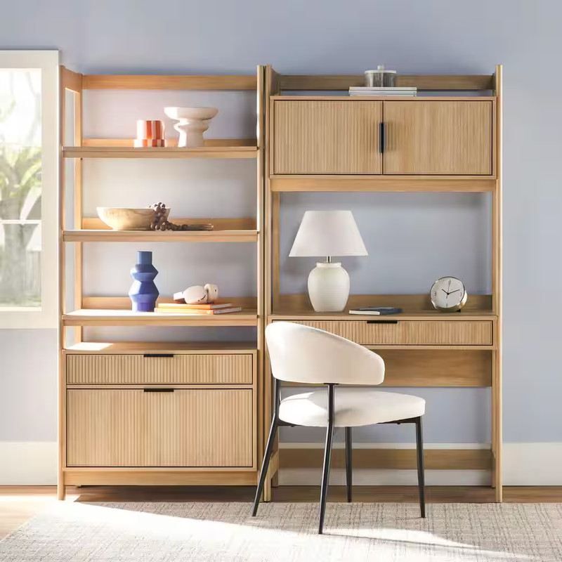 Transitional Coastal Oak Reeded 38 In. Hutch Desk with Wide Modern Bookcase (2-P