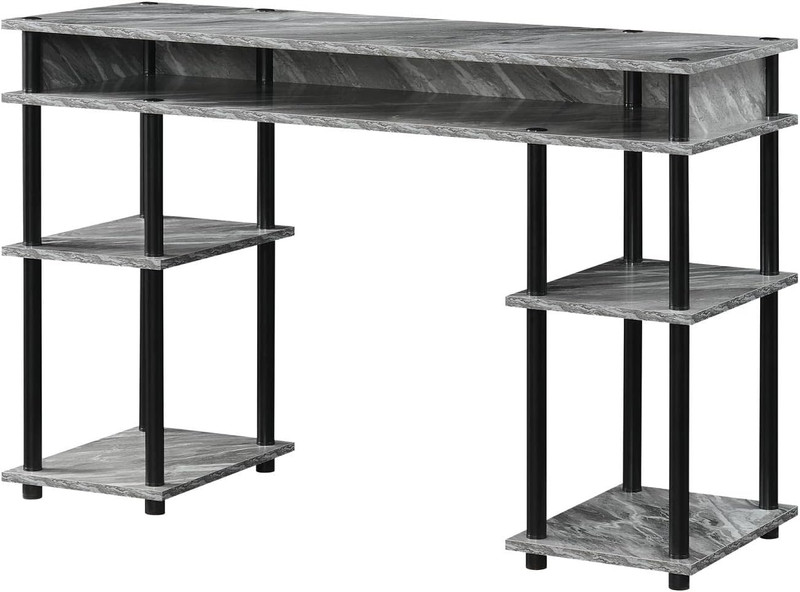 Stylish No-Tools Home Office Desk with Shelves - Gray Marble/Black