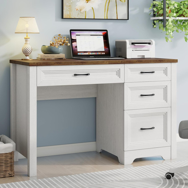 Farmhouse Home Office Desk with Drawers, Wood Computer Desk with Ample File Draw gallery