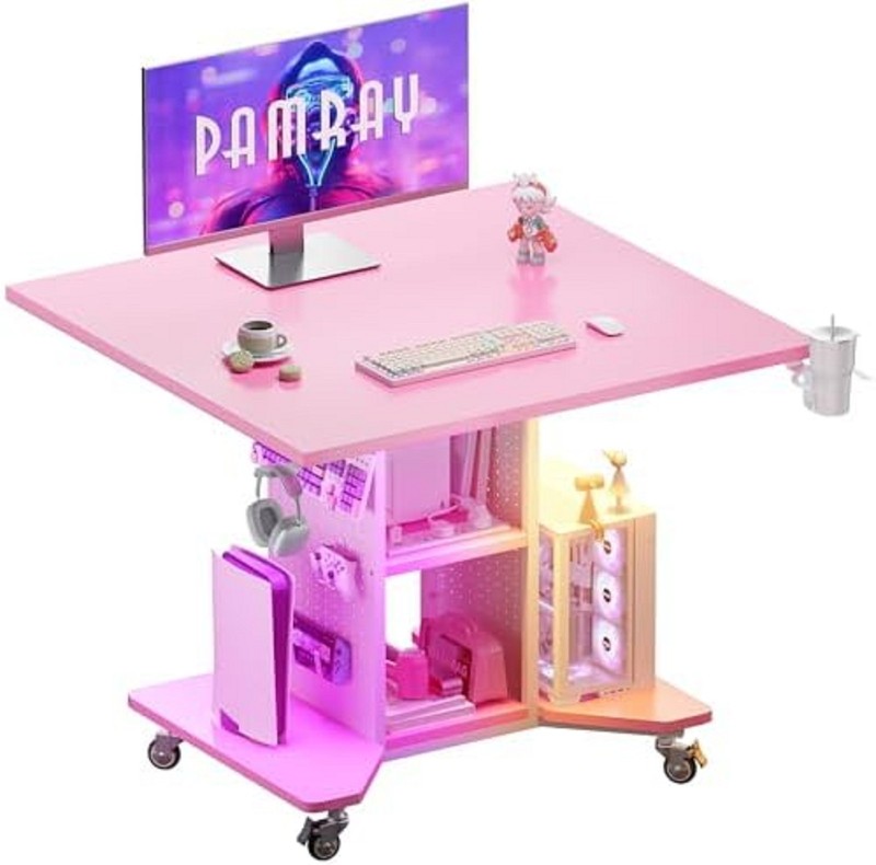 Compact Gaming Desk W/ LED Lights Built-in Power Outlet Storage Mobility New
